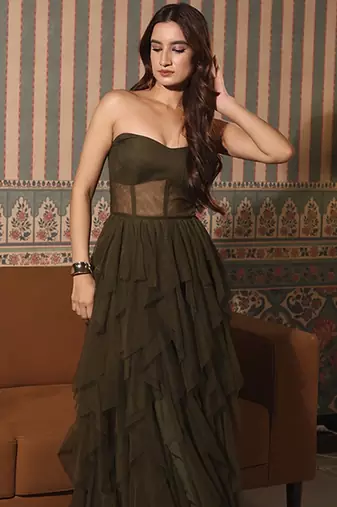 Olive net plain gown