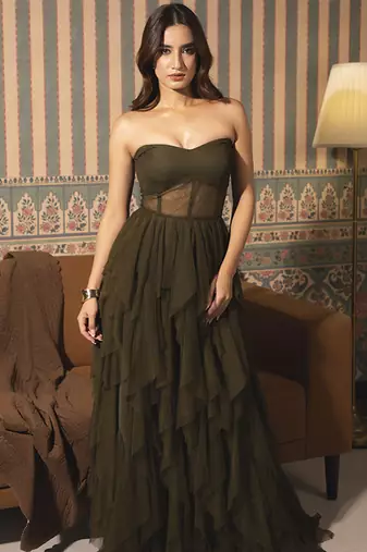 Olive net plain gown