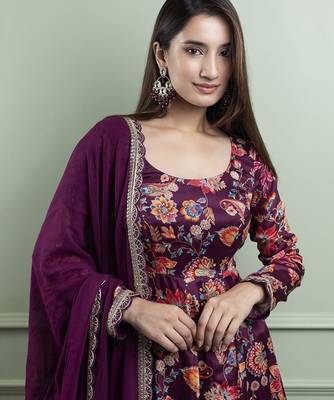 Wine crepe printed kurta set 1