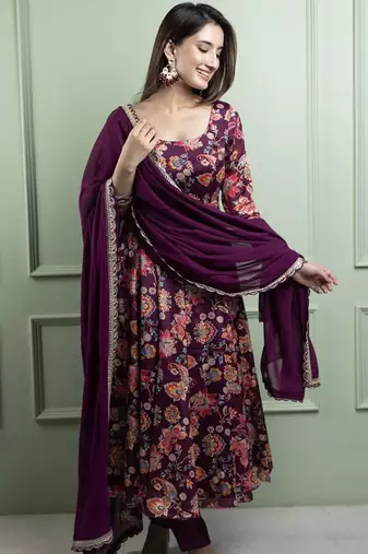 Wine crepe printed kurta set