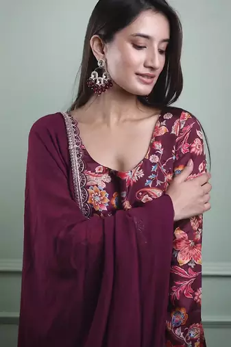 Wine crepe printed kurta set