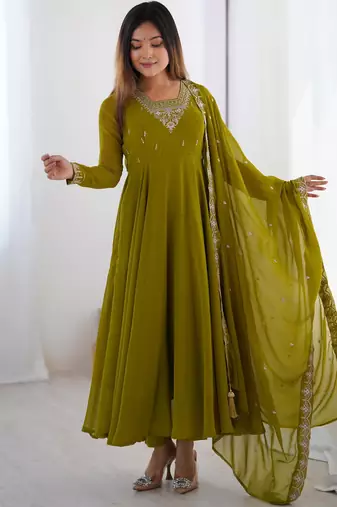 Mahendi Green Georgette Sequins Embroidery Work Anarkali Suit Set with Embroidery dupatta