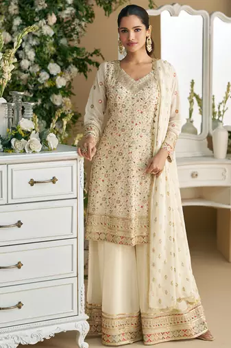 heavy wedding wear white georgette peplum style suit for women
