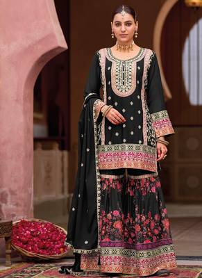 black heavy embroiderd chinon sharara suit for women 1