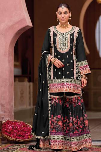 black heavy embroiderd chinon sharara suit for women