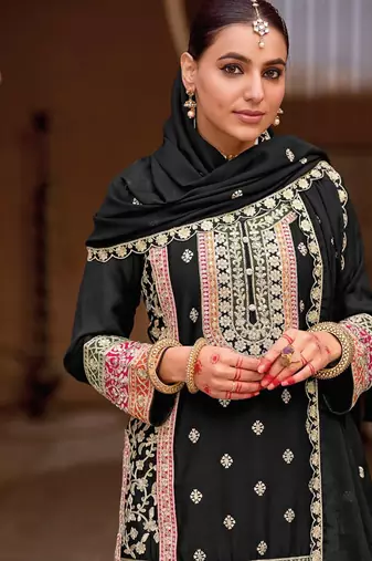 black heavy embroiderd chinon sharara suit for women