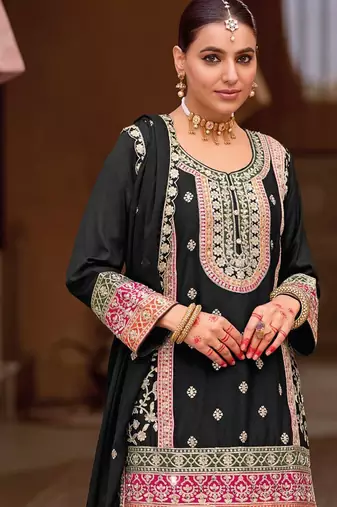 black heavy embroiderd chinon sharara suit for women
