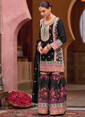 black heavy embroiderd chinon sharara suit for women 4