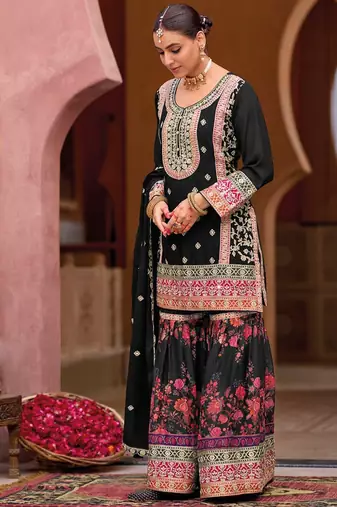 black heavy embroiderd chinon sharara suit for women