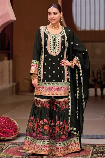 black heavy embroiderd chinon sharara suit for women