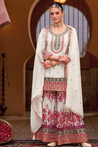 designer white heavy embroiderd chinon sharara suit for women