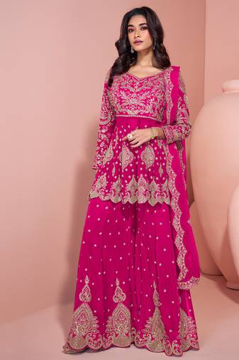 traditional georgette pink heavy embroiderd sharara suit for women