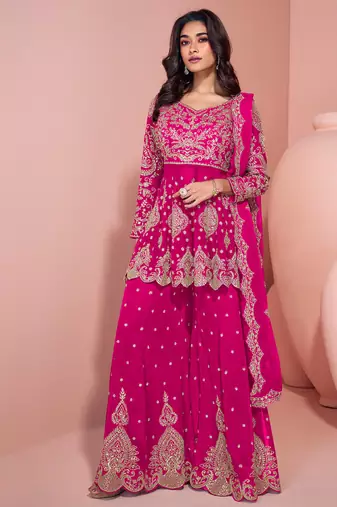 traditional georgette pink heavy embroiderd sharara suit for women