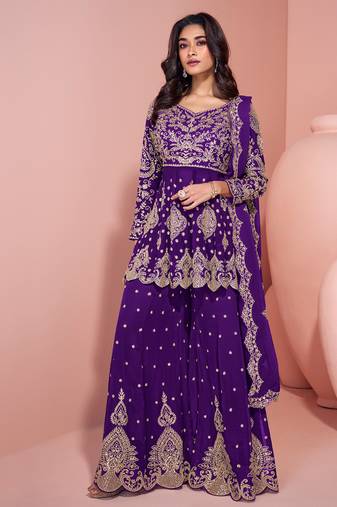 traditional georgette purple heavy embroiderd sharara suit for women