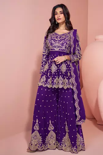 traditional georgette purple heavy embroiderd sharara suit for women
