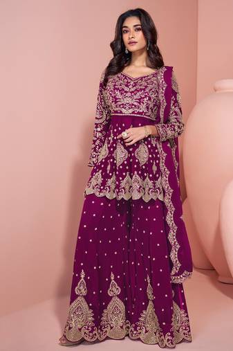 traditional georgette magenta heavy embroiderd sharara suit for women