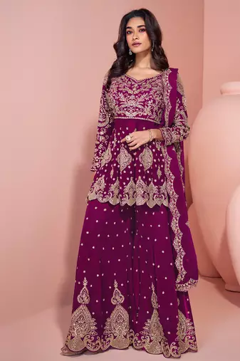 traditional georgette magenta heavy embroiderd sharara suit for women
