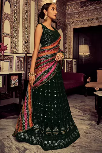 green sequin georgette festival lehenga set choli with dupatta