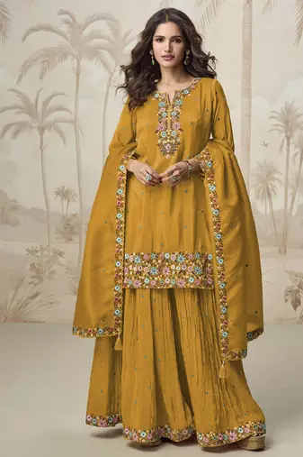 yellow simple and sober silk palazzo suit for women ethnic wear