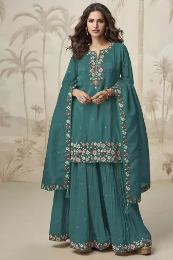 aqua blue simple and sober silk palazzo suit for women ethnic wear