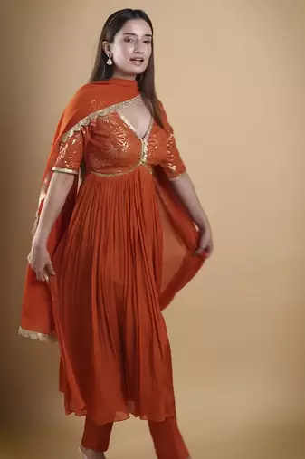 Orange crepe embroidered kurta set