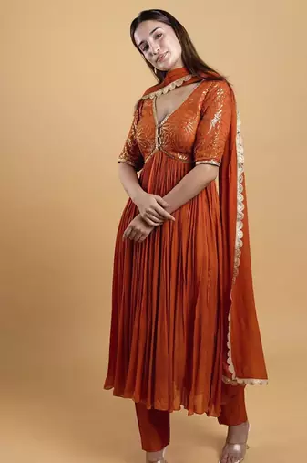 Orange crepe embroidered kurta set