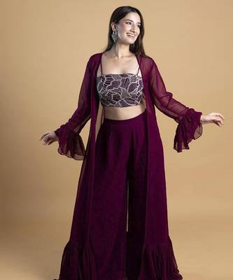 Wine georegette plain cape paired with top & pant 1