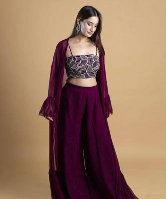 Wine georegette plain cape paired with top & pant 2