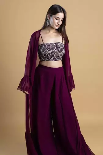 Wine georegette plain cape paired with top & pant