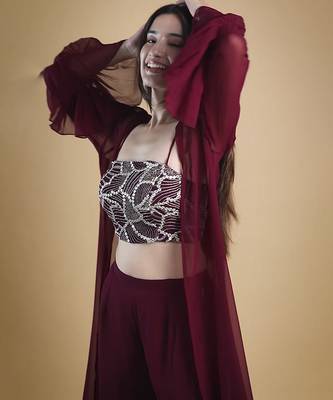 Wine georegette plain cape paired with top & pant 3