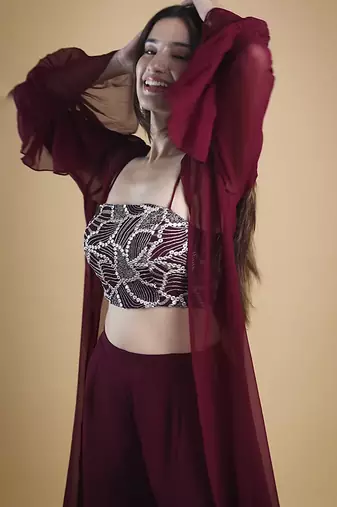 Wine georegette plain cape paired with top & pant