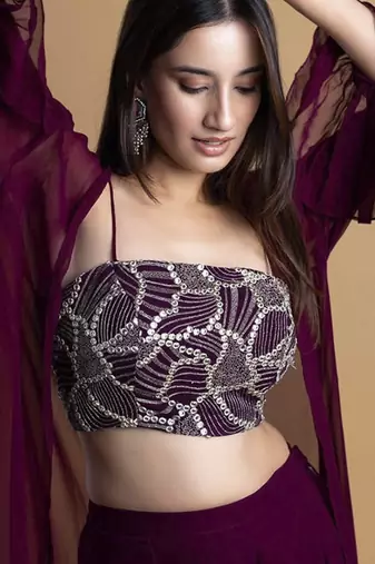 Wine georegette plain cape paired with top & pant