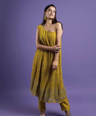 Mustard georegette embroidered kurta with pant 1