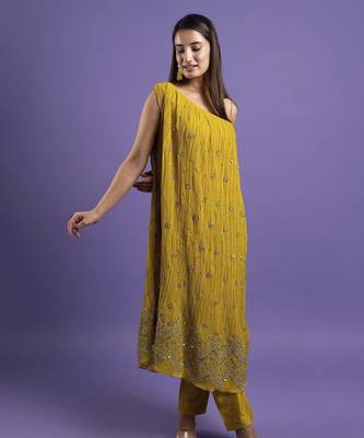 Mustard georegette embroidered kurta with pant 2