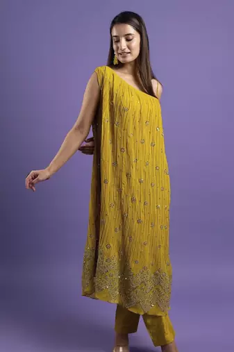 Mustard georegette embroidered kurta with pant