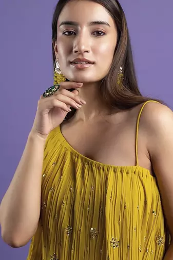 Mustard georegette embroidered kurta with pant