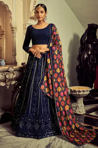Navy Blue Sequins Georgette Wedding Wear Lehenga Choli