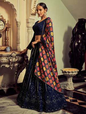 navy blue sequins georgette lehenga set choli with dupatta 2