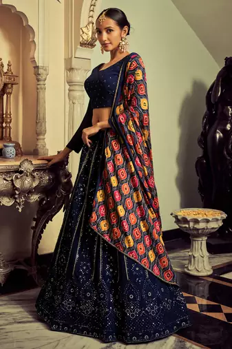 navy blue sequins georgette lehenga set choli with dupatta