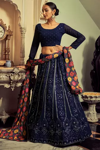 navy blue sequins georgette lehenga set choli with dupatta