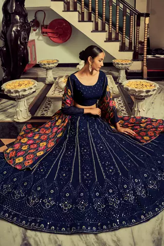 navy blue sequins georgette lehenga set choli with dupatta