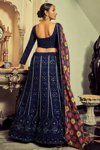 navy blue sequins georgette lehenga set choli with dupatta