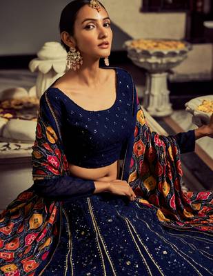 navy blue sequins georgette lehenga set choli with dupatta 6