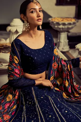 navy blue sequins georgette lehenga set choli with dupatta