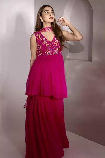 Pink georegette embroidered kurta set