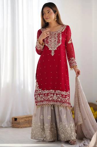 Red georgette sharara suit