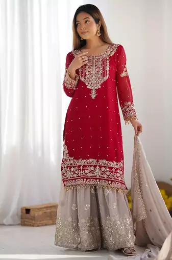Red georgette sharara suit