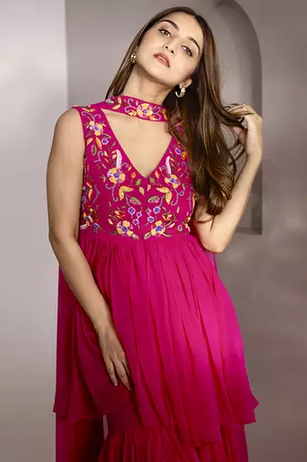 Pink georegette embroidered kurta set