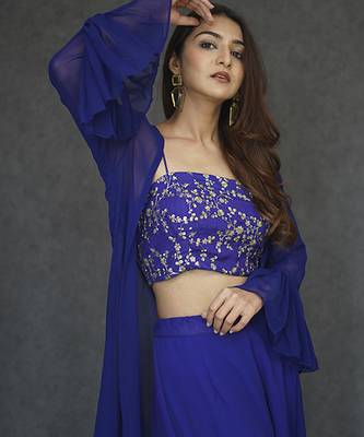 Blue georegette plain cape paired with top & pant 2
