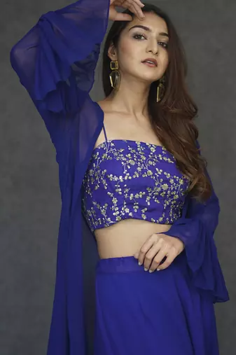 Blue georegette plain cape paired with top & pant